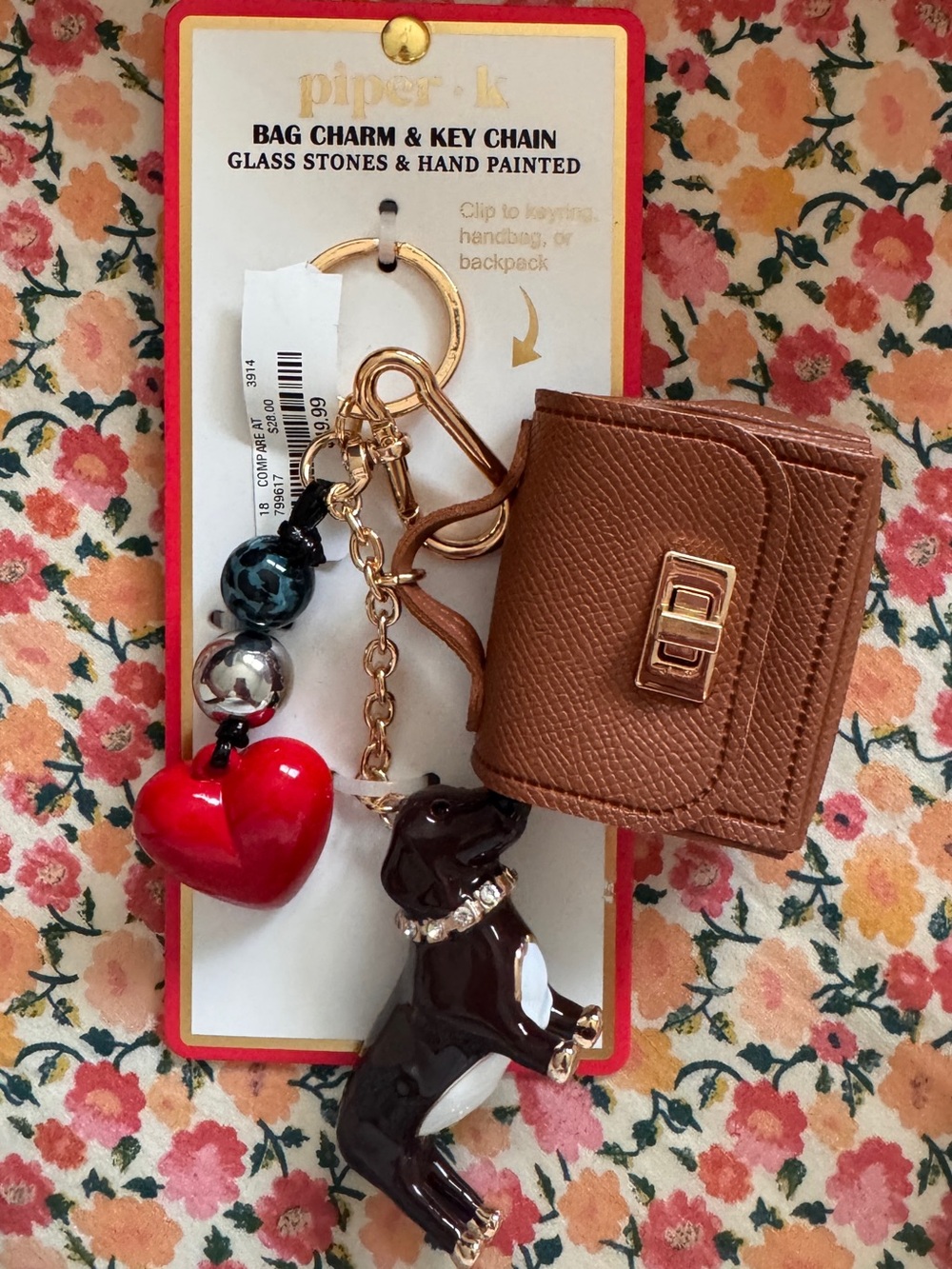 Piper K Dachshund Weenie Dog, red heart, & brown bag Charm NWT